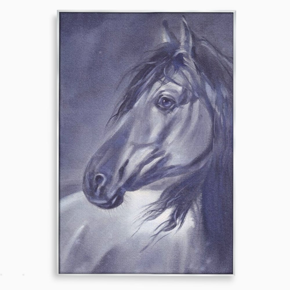 Tablou canvas cu tablou canvas cu portret de cal gri, in rama de aluminiu argintiu